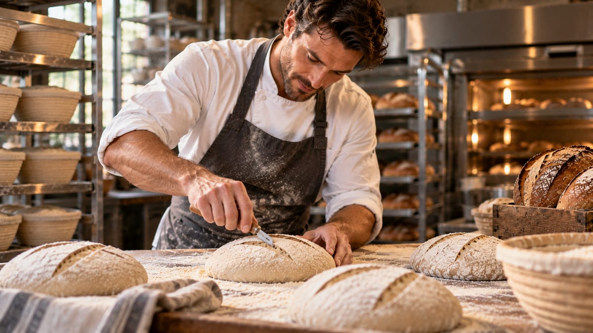 Boulanger artisan incisant un pain au couteau sur une table farinée dans son fournil