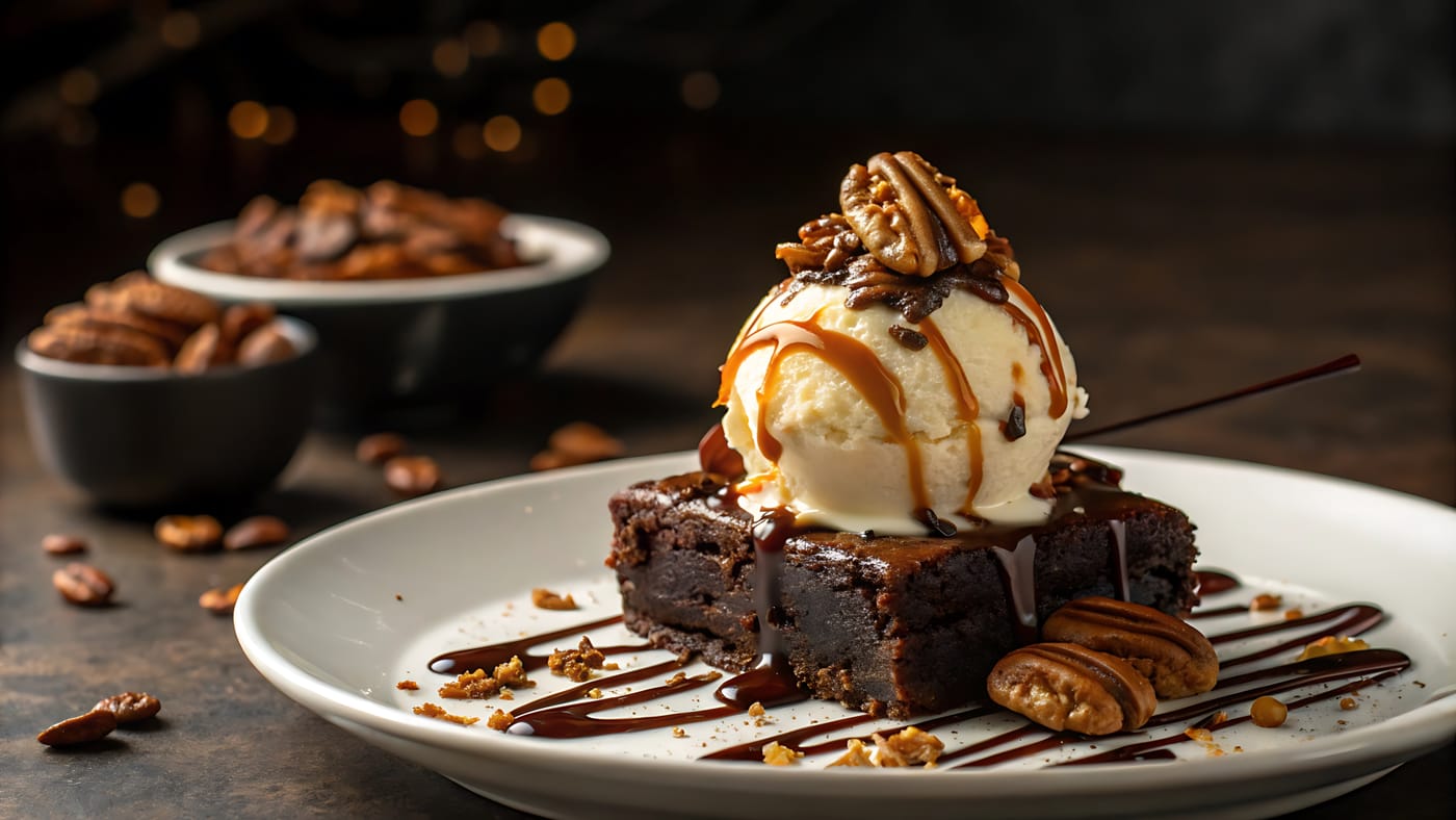 Un brownie au chocolat avec glace vanille, sauce caramel et noix de pécan sur une assiette blanche