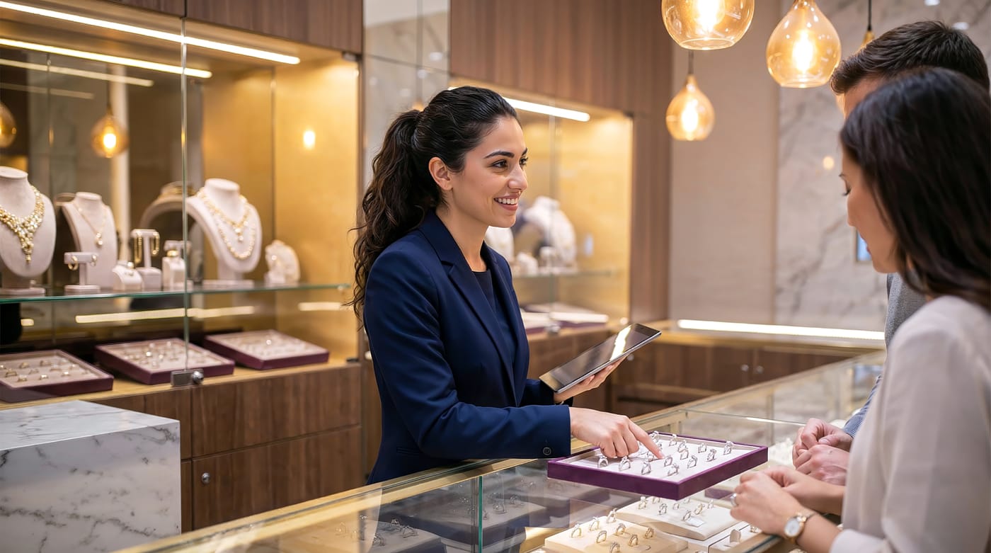 Une conseillère de vente souriante dans une bijouterie montre des bagues à un couple, avec une tablette à la main