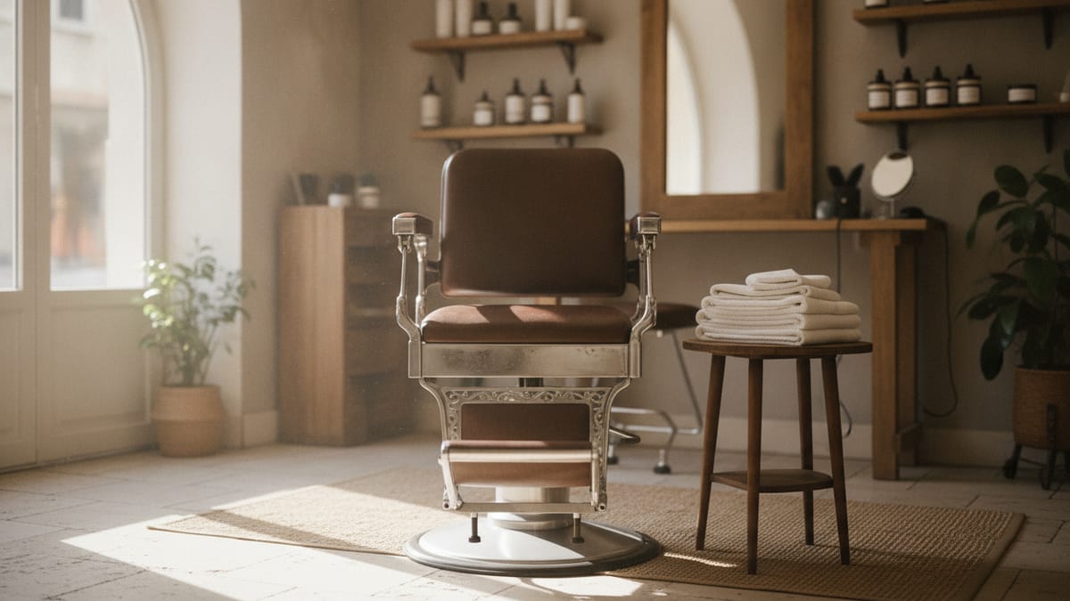 Fauteuil de barbier en cuir dans un salon lumineux avec serviettes propres et produits de soin