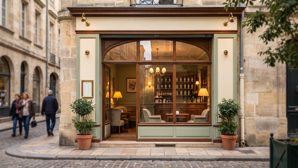 Devanture élégante d'un salon de thé ou boutique, avec grande vitrine et intérieur chaleureux, sur rue pavée