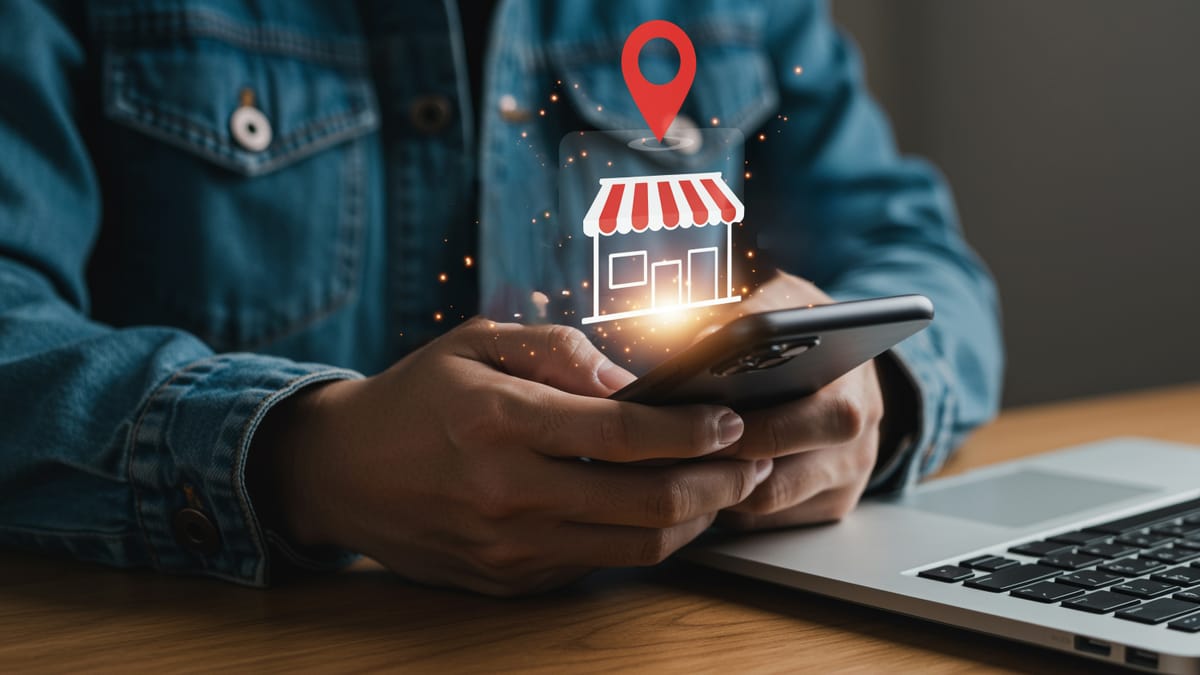Mains tenant un smartphone affichant une icône de magasin et de localisation, symbolisant le commerce de proximité en ligne